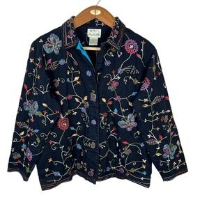 Quacker Factory Beaded Jacket Large Nature Inspired Butterfly Spring Denim